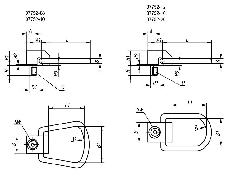 Hoist rings steel with lateral swivel, rotates through 360 degrees