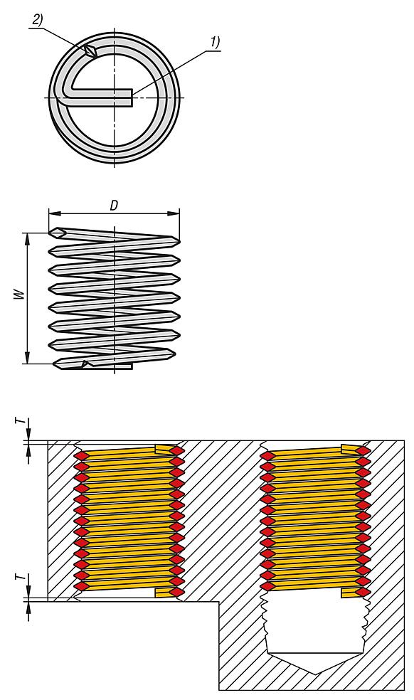 Threaded inserts, wire-wound and self-locking with tang