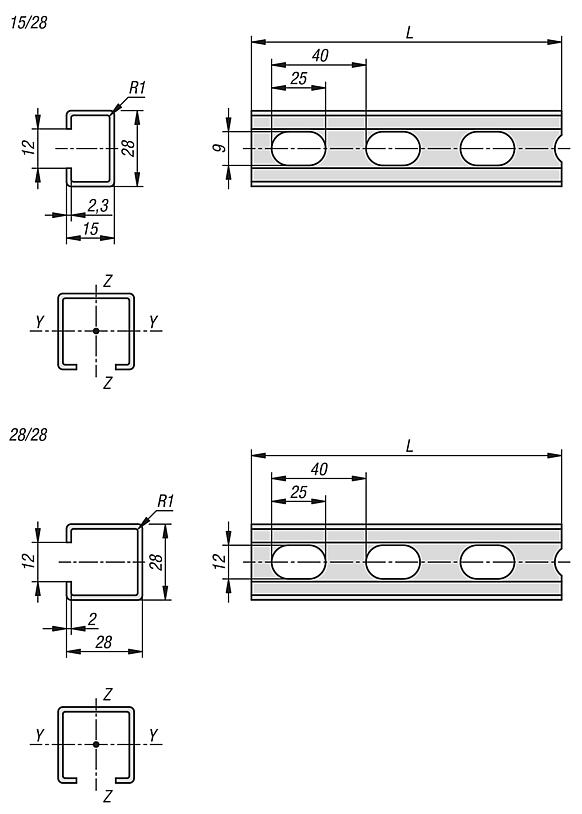 系统 28 C 型材安装导轨，带孔