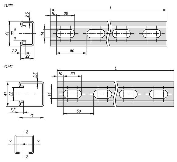系统 41 C 型材安装导轨，带孔
