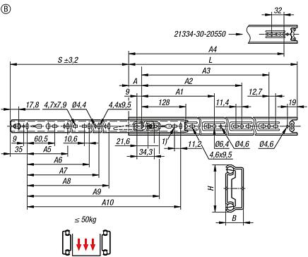 钢制伸缩滑轨 用于侧方安装，部分伸出，负载能力最大 50 kg，B 型