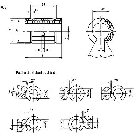 Linear ball bearings with angle error adjustment, open