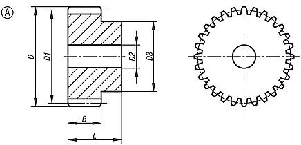 Spur gears stainless steel, module 2
toothing milled, straight teeth, engagement angle 20°, Form A with hub
