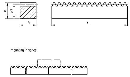 Gear racks in steel toothing milled, straight teeth, engagement angle 20°