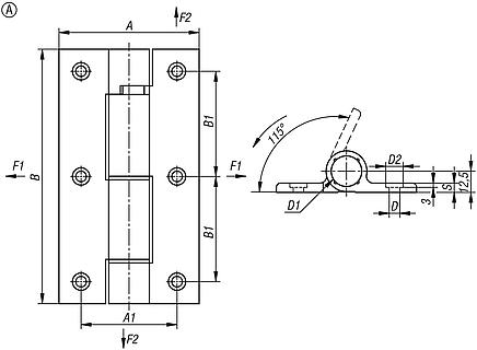 Spring hinges aluminium profile with damping, Form A