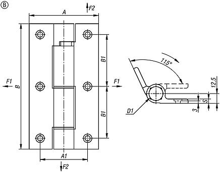 Spring hinges aluminium profile with damping, Form B