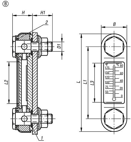 Oil level gauges, polyamide with steel housing, with thermometer