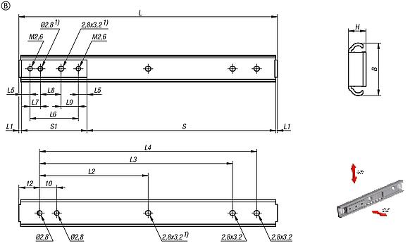 带内部转子的线性滚珠轴承，不锈钢，负载能力最大 24 kg，B 型