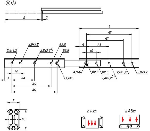 不锈钢制伸缩滑轨，用于侧方安装，过度伸出，负载能力最大 12 kg，A 型