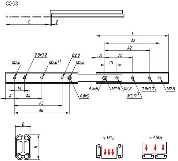 不锈钢制伸缩滑轨，用于侧方安装，过度伸出，负载能力最大 12 kg，C 型