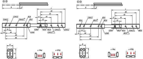 不锈钢制伸缩滑轨，用于侧方安装，过度伸出，负载能力最大 12 kg