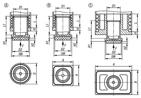 Adjustment plugs, plastic with felt glide surface for round and square tubes