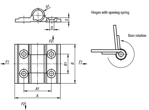 Spring hinges aluminium profile, 0.2 Nm, spring open