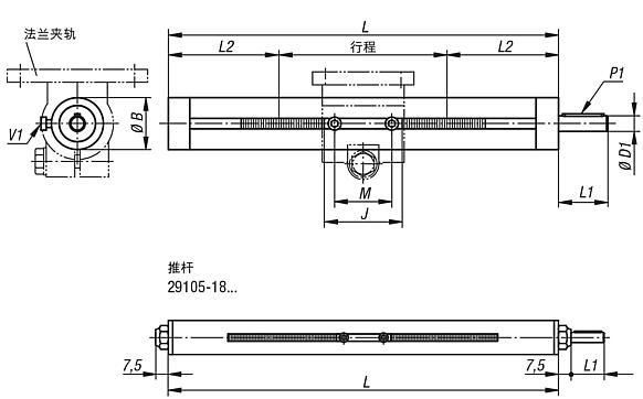 配钢制梯形丝杆的推杆，带滑动轴承或滚珠轴承