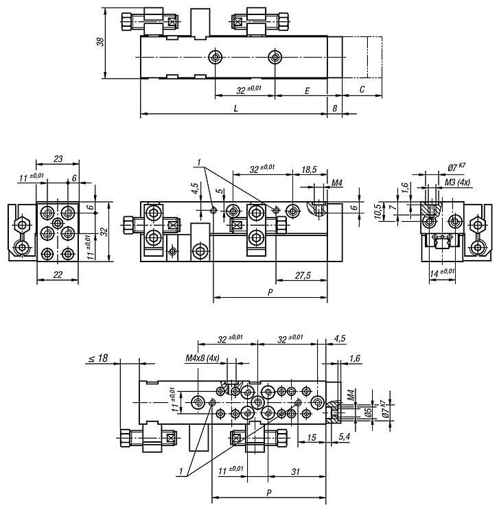 Linear modules, pneumatic with recirculating ball guide, max. load capacity 12 N