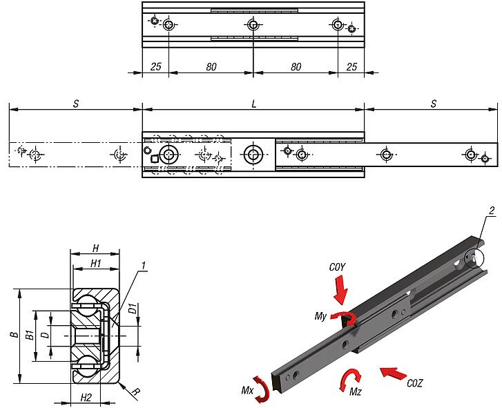 钢制伸缩滑轨 部分伸出，负载能力最大 741 kg
