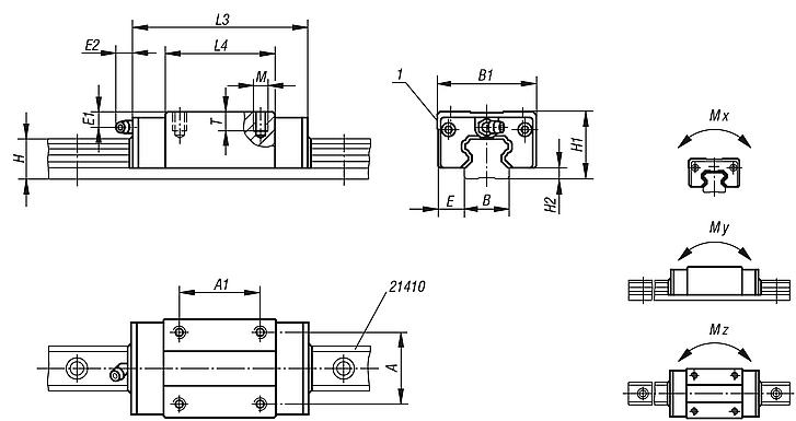 Carriage, steel, standard, with recirculating ball guide for profile guide rails