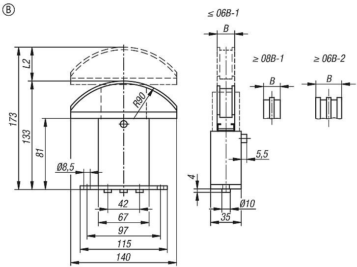 Chain tensioner size 1, stainless steel with arched profile, Form B