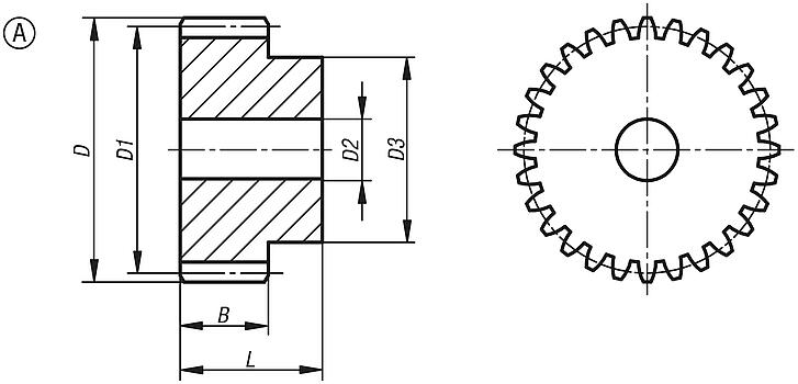 Steel spur gears, module 6, milled toothing, straight-tooth design, 20° engagement angle, 
Form A, with hub