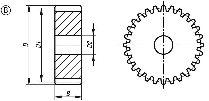 Steel spur gears, module 6, milled toothing, straight-tooth design, 20° engagement angle, Form B, without hub