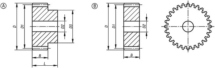 Spur gears stainless steel, module 2 toothing milled, straight teeth, engagement angle 20°