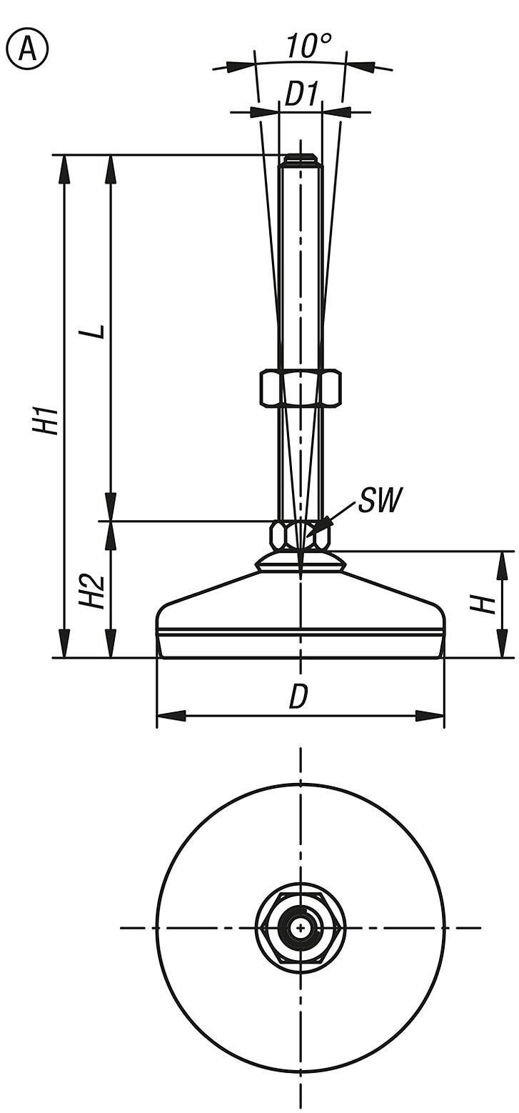 Levelling feet stainless steel, FDA conform, Form A