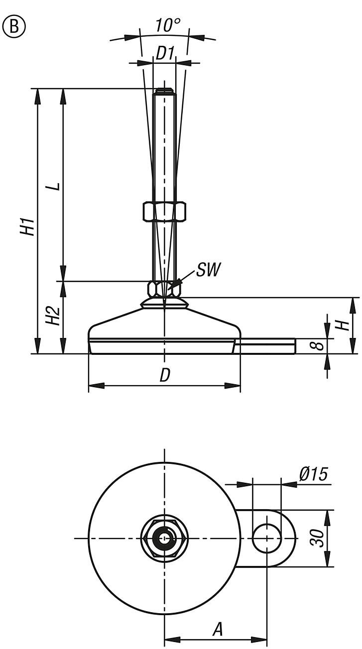 Levelling feet stainless steel, FDA conform, Form B