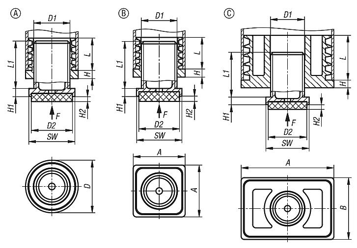 Adjustment plugs, plastic with felt glide surface for round and square tubes