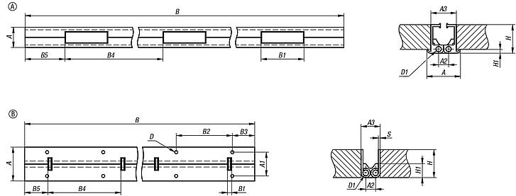 Piano hinges, stainless steel or aluminium, with double joint
