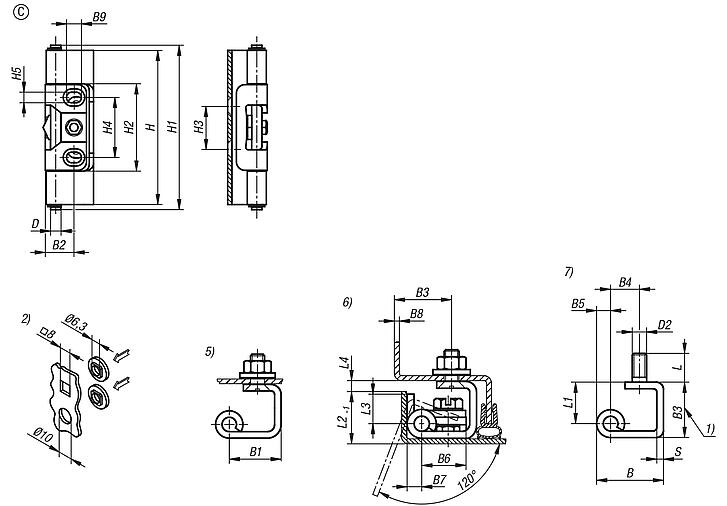锌压铸旋转铰链，钢或不锈钢，带锁柄，23 毫米斜边，C 型