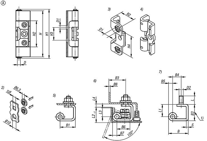 Concealed hinges die-cast zinc, steel or stainless steel with lock, folded edge 23 mm, Form A