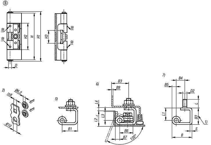 Concealed hinges die-cast zinc, steel or stainless steel with lock, folded edge 23 mm, Form B