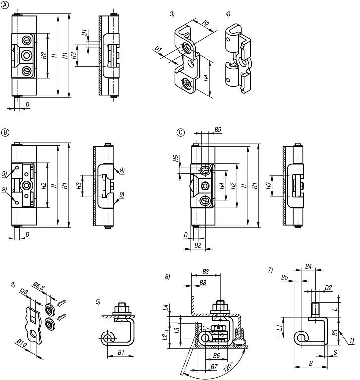 Concealed hinges die-cast zinc, steel or stainless steel with lock, folded edge 23 mm