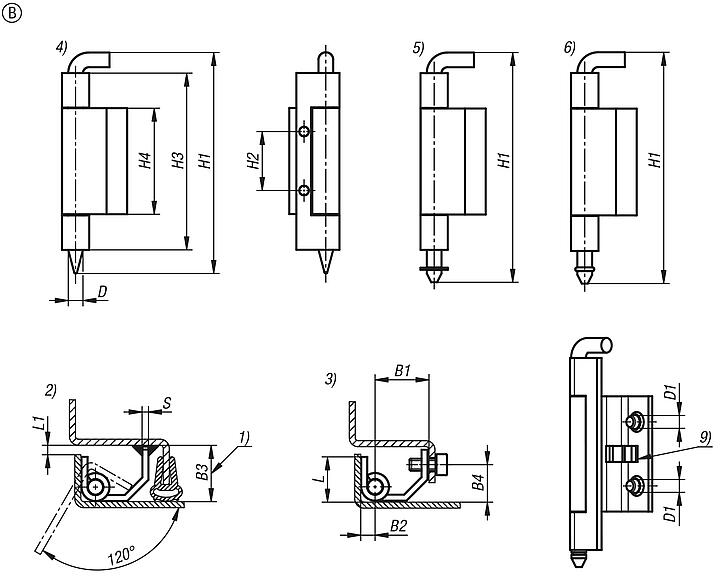钢或不锈钢旋转铰链，斜边最大 20 毫米，B 型
