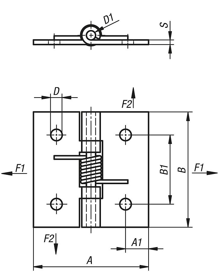 Spring hinges steel, stainless steel or aluminium, 50 mm
