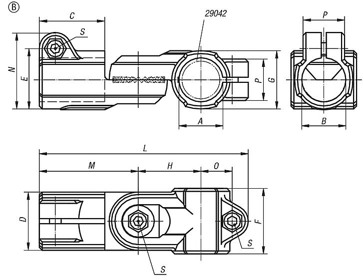 Tube clamp joints, plastic, T-angle, for round tubes, Form B with toothing
