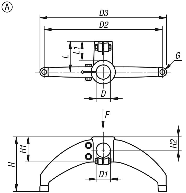 圆管的塑料件管接头底脚，双支腿，带横向连接杆，A 型