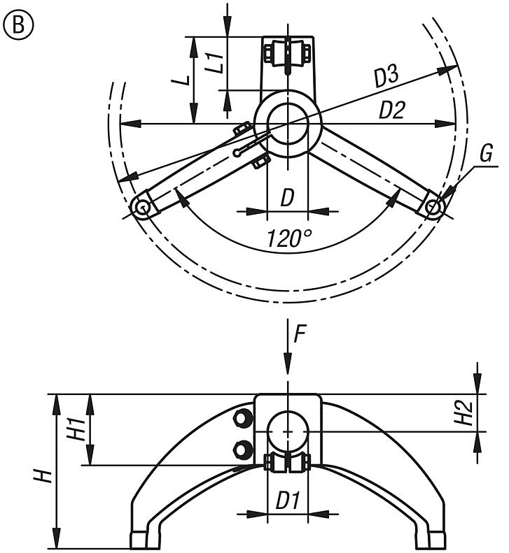 圆管的塑料件管接头底脚，双支腿，带横向连接杆，B 型