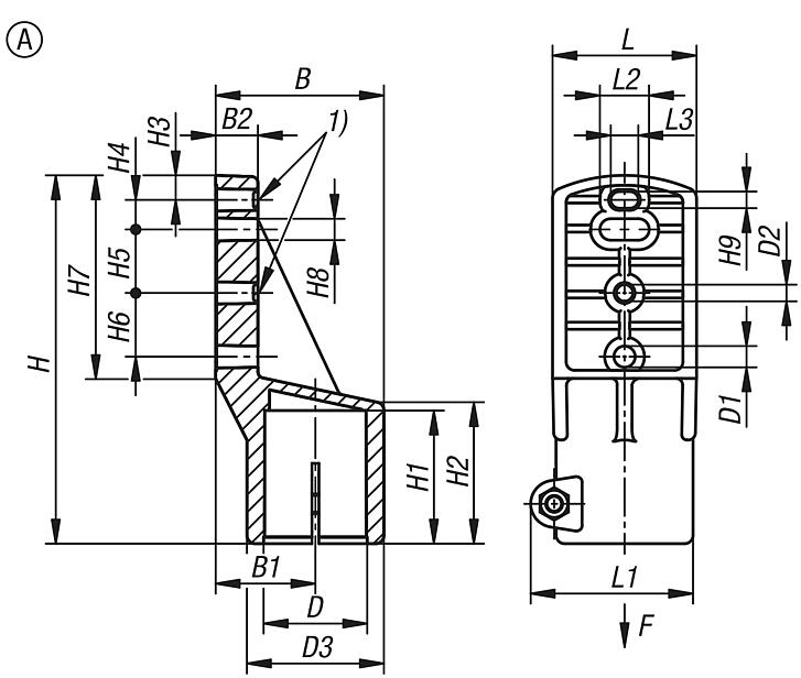 用于圆管的侧面塑料支撑头件管接头，A 型