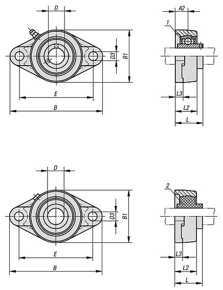 法兰轴承座单元，2 孔，不锈钢壳体