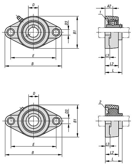 法兰轴承座单元，2 孔，塑料壳体