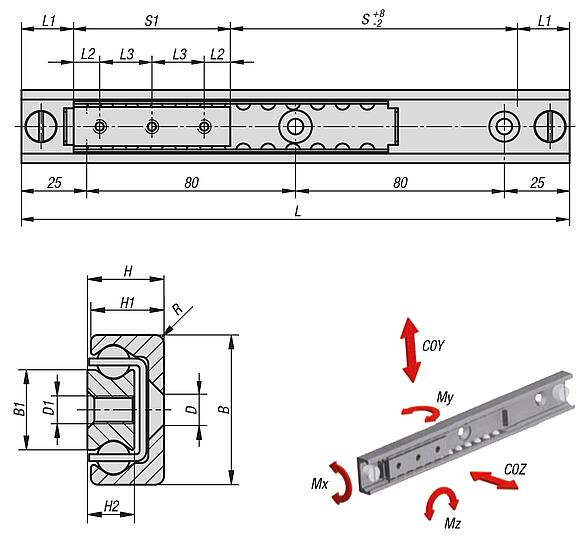 Linear ball bearing with internal race, steel, load capacity up to 3,959 kg