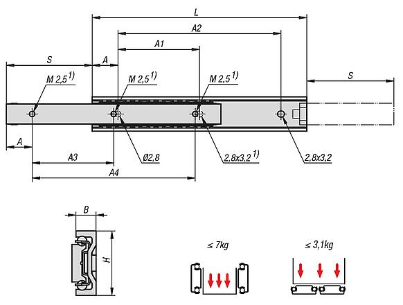 铝制伸缩滑轨，用于侧方安装，两侧部分伸出，负载能力最大 7 kg