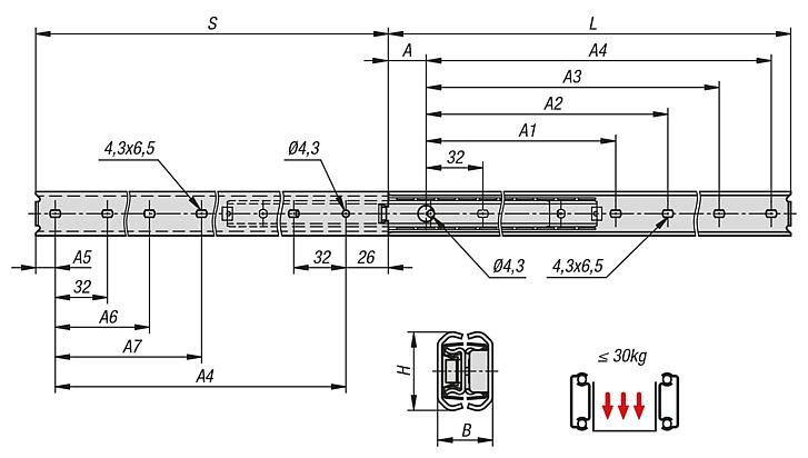 钢制伸缩滑轨，用于侧方安装，全部伸出，负载能力最大 30 kg
