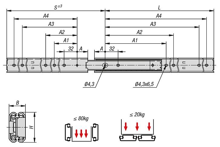 不锈钢制伸缩滑轨，用于侧方安装，全部伸出，负载能力最大 80 kg