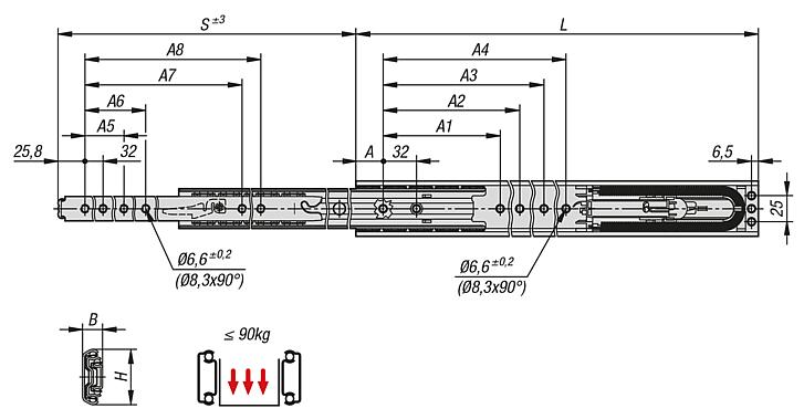 全拉式不锈钢伸缩导轨采用侧方安装，承重能力可达 90 kg