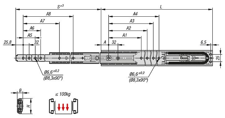 全拉式不锈钢伸缩导轨采用侧方安装，承重能力可达 100 kg