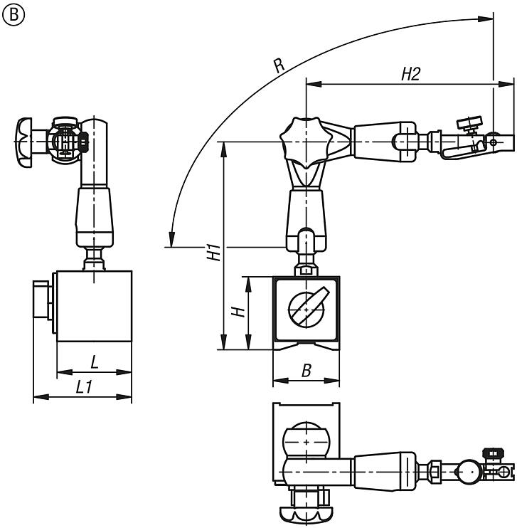 3D dial gauge stand, high-strength micro-precise with mechanical and progressive clamping, Form B
