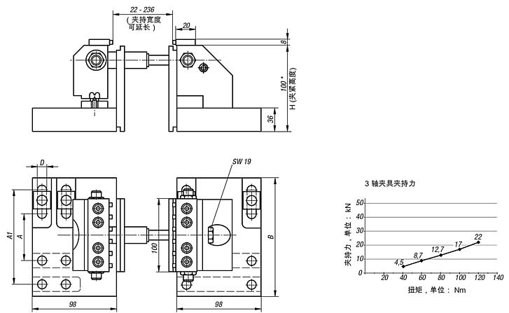 用于 T 型槽的 3 轴夹具