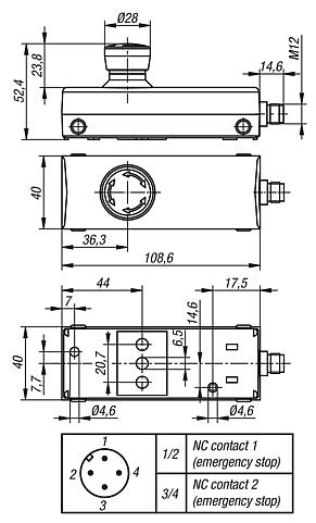Emergency stop button in Ø 22.3 mm housing "Minibox" connection M12